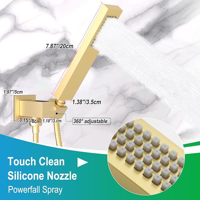 ENGA Square Brushed Gold Solid Brass Hand Held Shower Head With Wall Connector and Hose Wall Mount Handheld Showerheads Set