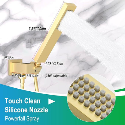 ENGA Square Brushed Gold Solid Brass Hand Held Shower Head With Wall Connector and Hose Wall Mount Handheld Showerheads Set