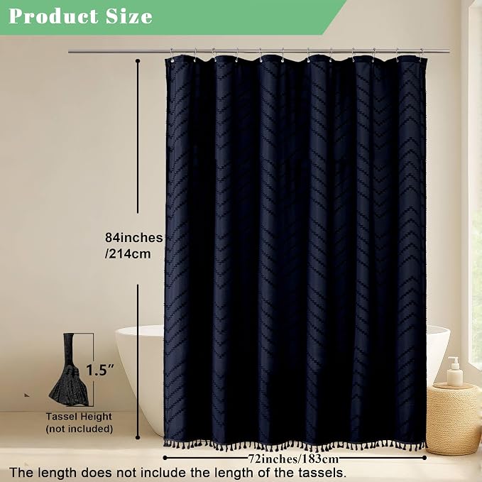 Extra Long Navy Blue Boho Shower Curtain, Chic Tufted Chevron Striped Textured Fabric Cloth Shower Curtains with Tassel for Bathroom, Soft Hotel Style Farmhouse, Machine Washable, 72x84