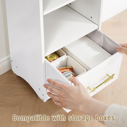 VECELO Tall Narrow Bookshelf with Drawer, 6 Adjustable Movable Shelves, Wood Space Saving Corner Storage Cabinet for Bathroom Bedroom, Pearl White