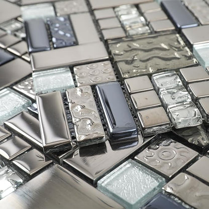 Glass Mosaic Tile Backsplash Grey and Silver 12 x 12 Inch 5 sq.ft. | Glass Tile for Kitchen Backsplash Bathroom Wall 5-Pack