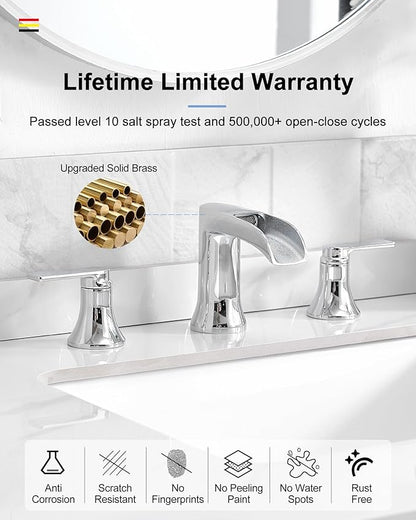 Chrome Bathroom Faucet, 2 Handles Brass Widespread Waterfall Faucet for Bathroom Sink, 4-10 Inch Sink Faucet Bathroom 3 Hole, Farmhouse RV Restroom Vanity Faucet with Pop Up Drain & Water Hoses