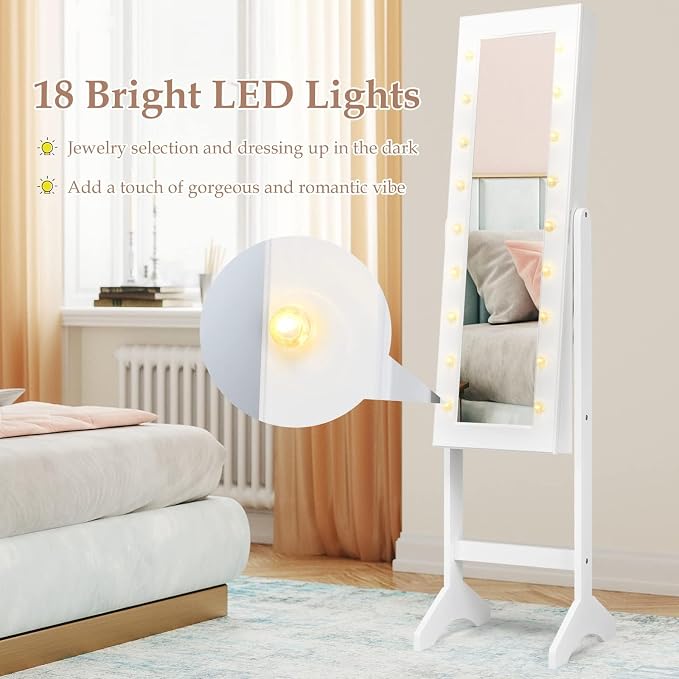 NAFORT 18 LED Lights Standing Mirror Jewelry Cabinet, Large Storage Mirror Full Length, Jewelry Armoire with Lipstick Holders, Shelves, Earring Notches, Inside Makeup Mirror (White)