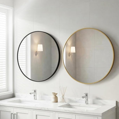 OLIXIS 28 Inch Round Wall Mirror, Circle Mirror, Bathroom | Tempered Glass Shatterproof Crystal-Clear, Over Sink Entryway, Bedroom Vanity Hang, Black