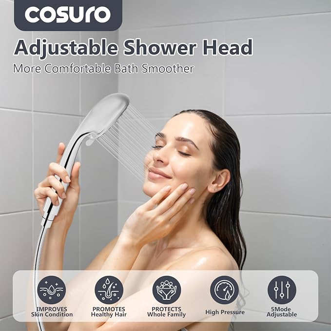 High Pressure Shower Head with Powerful Shower Spray & 59'' Stainless Steel Hose, 5 Spray Modes, Adjustable Bracket and Non-Clogging Nozzles（Chrome）