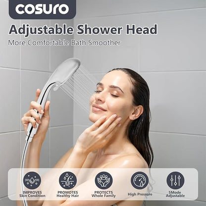 High Pressure Shower Head with Powerful Shower Spray & 59'' Stainless Steel Hose, 5 Spray Modes, Adjustable Bracket and Non-Clogging Nozzles（Chrome）