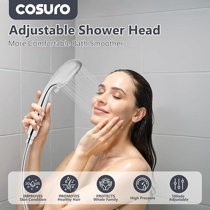 High Pressure Shower Head with Powerful Shower Spray & 59'' Stainless Steel Hose, 5 Spray Modes, Adjustable Bracket and Non-Clogging Nozzles（Black）