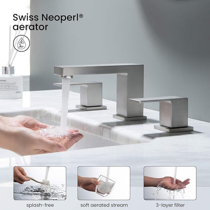 2-Handle Cube Bathroom Sink Faucet with Drain Assembly | 3-Hole Installation, Solid Brass Construction | 8-Inch Widespread Lavatory Faucet | Brushed Nickel, KBF1024