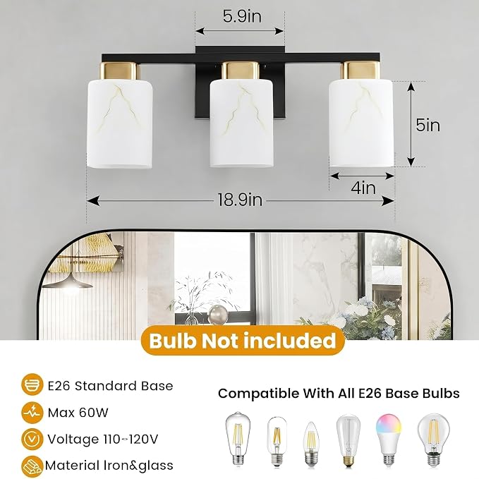3-Light Square Bathroom Light Fixture, Black and Gold Modern Vanity Light with White Marble Glass Shade, for Bathroom Mirror, Living Room, Bedroom, Hallway, E26 Base