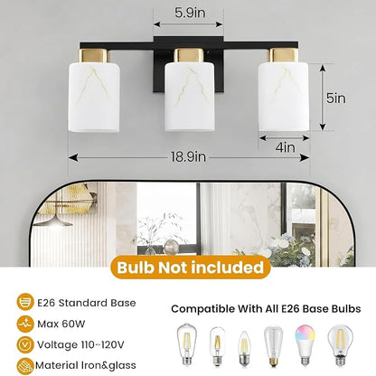 3-Light Square Bathroom Light Fixture, Black and Gold Modern Vanity Light with White Marble Glass Shade, for Bathroom Mirror, Living Room, Bedroom, Hallway, E26 Base