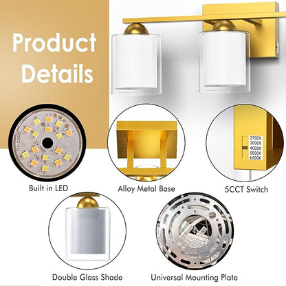 Quntis Gold Bathroom Light Fixtures, 3 Light Modern Vanity Lights Over Mirror, 5 Colors & Stepless Dimmable LED Bathroom Lighting with Milk White Frosted Glass, 16 Inch (Bulbs Included)