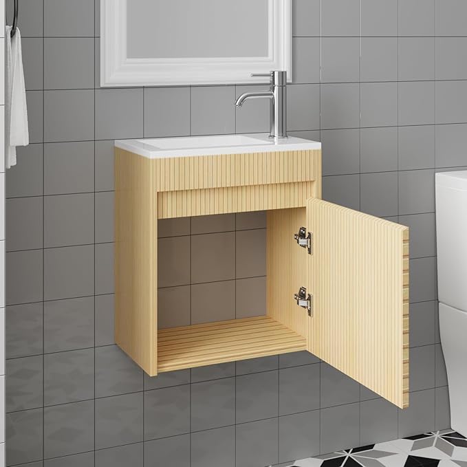wonline 16" Small Floating Bathroom Vanity Sink Combo, Wall Mounted Narrow Single Cabinet with Resin Basin Sink Top, Water Saving Chrome Faucet & Pop-Up Drain