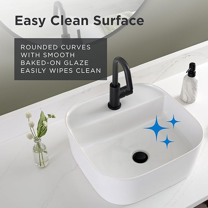 Gerber Cymira 16 in. Soft Square Vessel Bathroom Sink, Above-Counter Glazed White Fireclay Ceramic Vanity Sink with Faucet Hole, Modern Transitional Basin Sink Bowl, G0013783