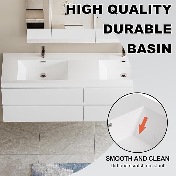 Wall Mounted 72 Inch Bathroom Vanity with Sink, Floating Vanity Bathroom, Double Sink Bathroom Vanity, 4 Drawers, Resin Integrated Sink (Glossy White)