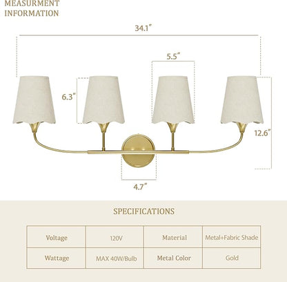 Morauroral Bathroom Light Fixtures Over Mirror, 4 Light Vanity Light for Bathroom, Gold Vanity Light Fixtures with Fabric Linen Shade, E26 Socket Sconce Wall Decor(ETL Listed)