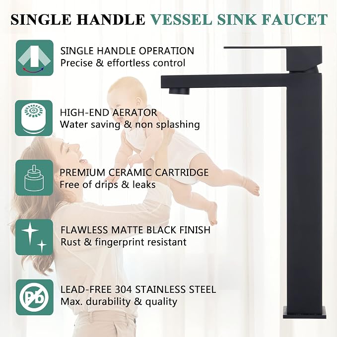 Tohlar Black Bathroom Faucet, Single Hole Sink Faucet with Pop Up Drain | Bathroom Sink Faucets for 1 Hole, Matte Black Single Handle Vanity Basin Faucet with Water Supply Lines, Stainless Steel