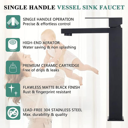 Tohlar Black Bathroom Faucet, Single Hole Sink Faucet with Pop Up Drain | Bathroom Sink Faucets for 1 Hole, Matte Black Single Handle Vanity Basin Faucet with Water Supply Lines, Stainless Steel