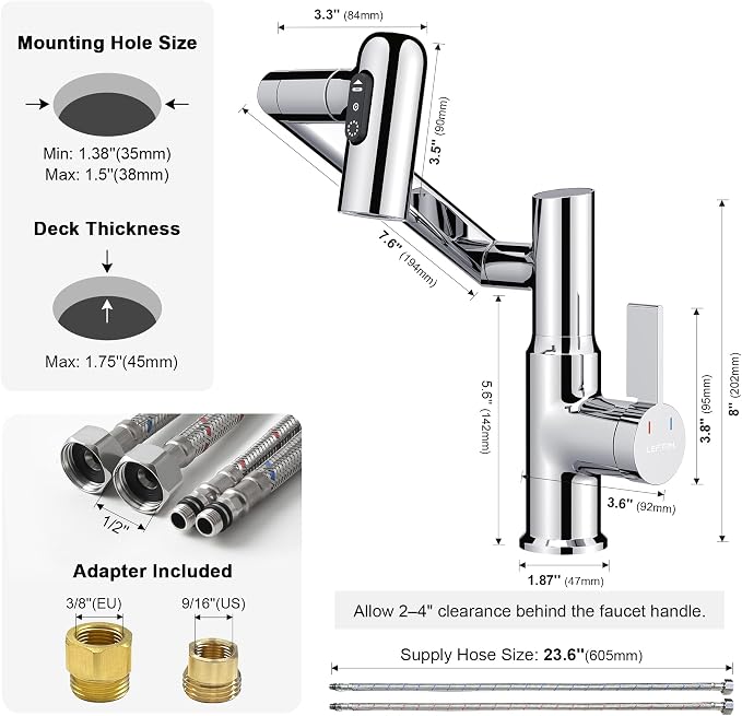 Rotatable Bathroom Faucet with Temperature Display in Fahrenheit (Batteries-Free), 3 Water Modes, Chrome, BF2204-1
