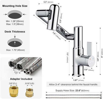 Rotatable Bathroom Faucet with Temperature Display in Fahrenheit (Batteries-Free), 3 Water Modes, Chrome, BF2204-1