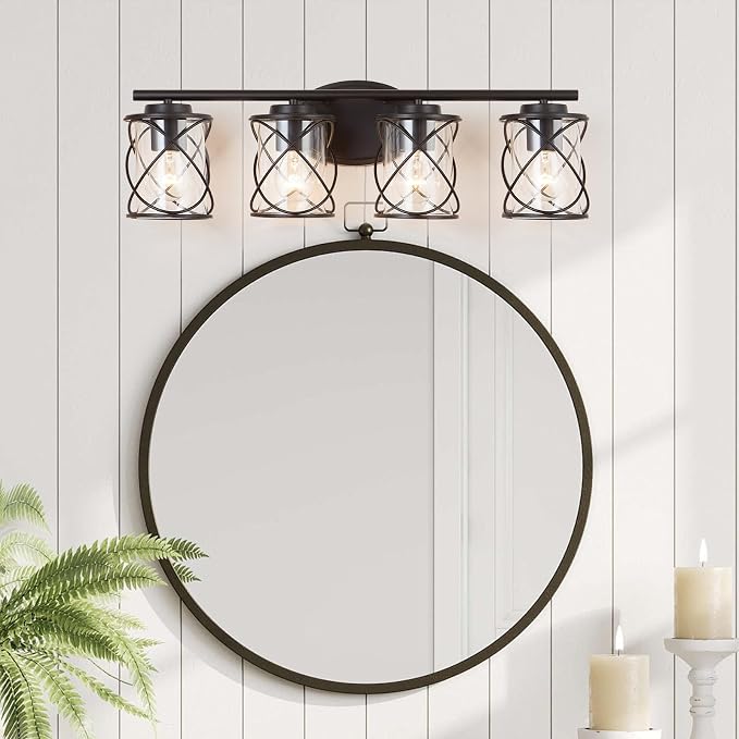 Bathroom Vanity Light Fixtures Over Mirror, 4 Lights Bathroom Vanity Lights, Matte Black Vanity Light, Modern Bathroom Lights with Cage Shade, Bathroom Wall Lamp for Mirror Kitchen Bedroom