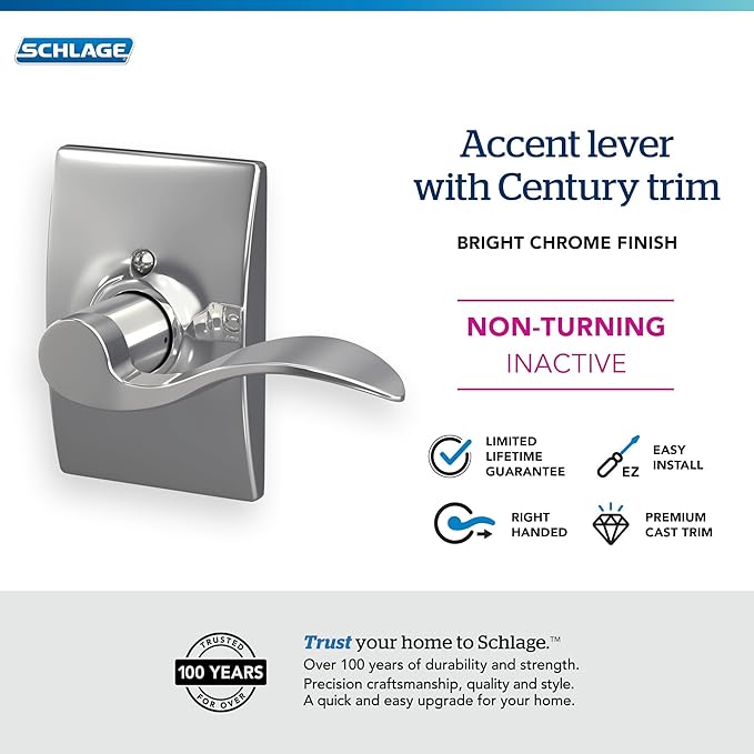 Schlage Accent Lever with Century Trim Non-Turning Lock in Bright Chrome - Right Handed - F170 ACC 625 CEN RH