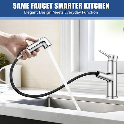 HURRAN Pull Out Bathroom Faucet, Single Handle Basin Mixer Tap with 2 Modes, Utility Sink Faucet with Deck Plate, Stainless Steel, Chrome