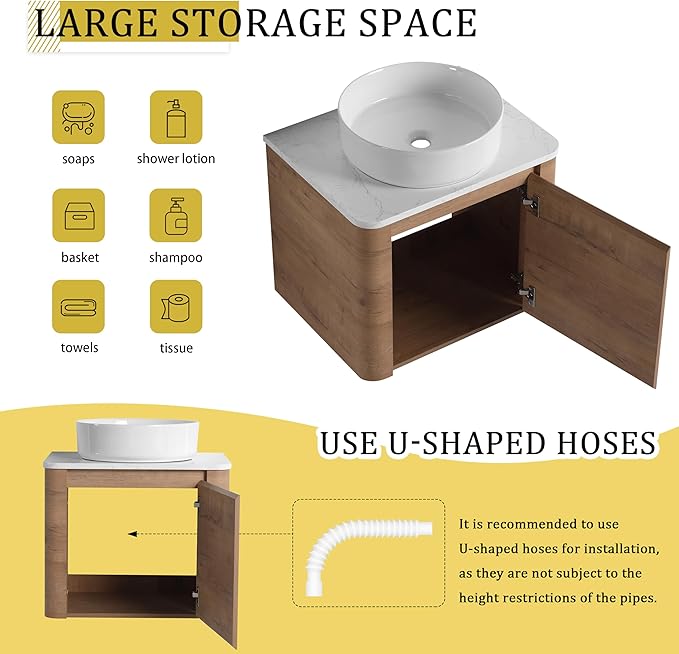 LKTART 24 Inch Floating Bathroom Vanity with Sink, Modern Wall Mounted Bathroom with Soft Close Door, White Round Ceramic Basin and Sintered Stone Top