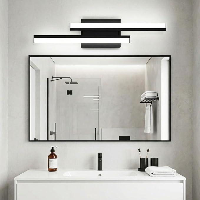 Bathroom Light Fixtures Over Mirror: 24 Inch Modern Black LED Vanity Light Bar ETL Certified | Retractable Dimmable Bathroom Lamp IP44 - Wall Light Fixture, 5700K Cool White(1 Pack)