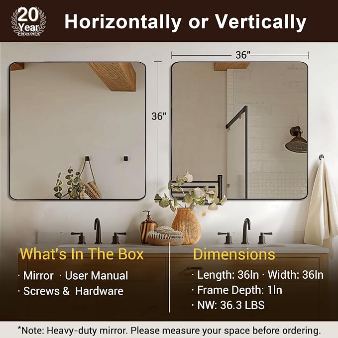 Black Bathroom Mirrors for Over Sink, 36x36 Inch Matte Black Mirror for Bathroom, Rectangle Metal Vanity Mirror for Wall-Modern Clean Design with Superior Stainless Steel Frame
