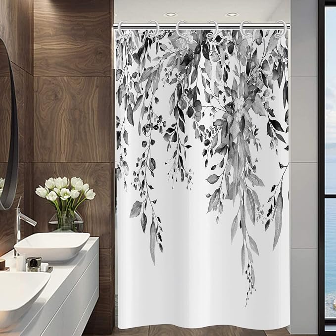 Eucalyptus Small Stall Shower Curtain, Watercolor Black Leaves on The Top Plant with Floral Bathroom Curtain Bathtub Home Decor Waterproof Fabric with 12 Hooks,36"x72"