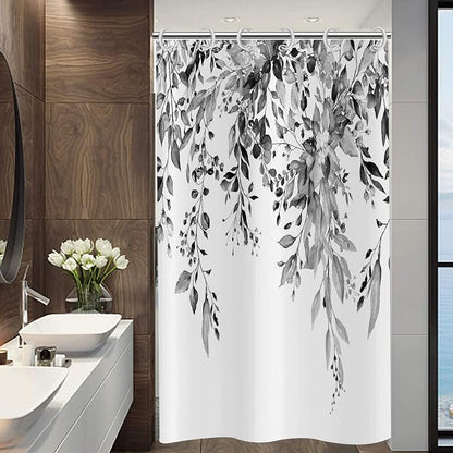 Eucalyptus Small Stall Shower Curtain, Watercolor Black Leaves on The Top Plant with Floral Bathroom Curtain Bathtub Home Decor Waterproof Fabric with 12 Hooks,36"x72"