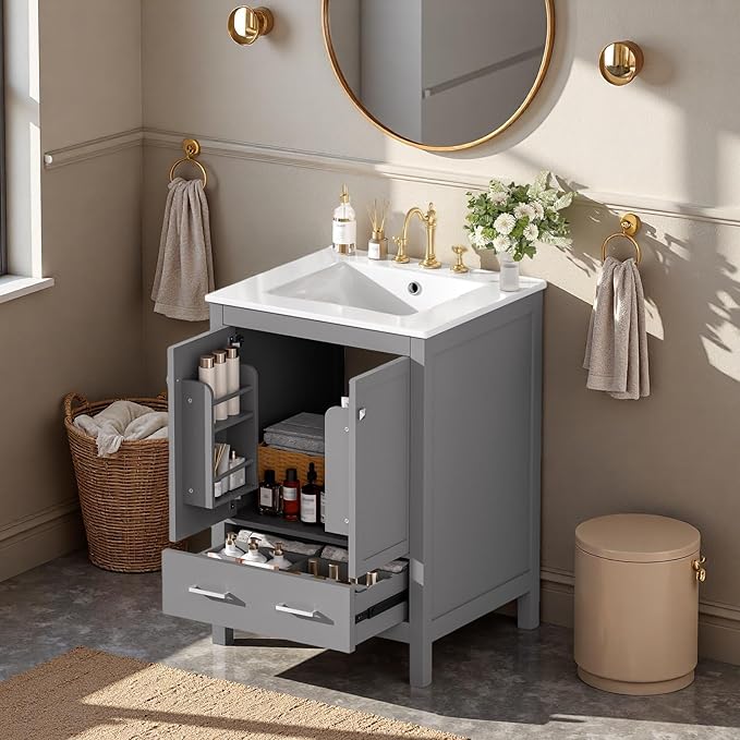 24" Freestanding Bathroom Vanity with Sink, Floor Stand Bathroom Storage Cabinet with Ceramic Sink, Door with Double-Layered Storage Shelves, Modern Compact Vanity with Divided Drawer, Gray