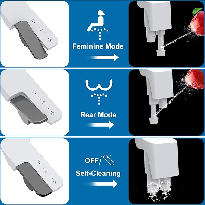 Bidet Attachment for Toilet Seat, Dual Nozzle Rear/Feminine Wash, Self Cleaning Sprayer, Non Electric Bidet with Adjustable Cold Water Pressure
