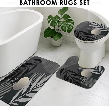 Bathroom Set with Shower Curtain and Rug 4 Pcs Mid Century Abstract | Modern Boho Leaves Bathroom Decor Set with Toilet Lid Cover, Non-Slip Bath Mats and Accessories 12 Hooks