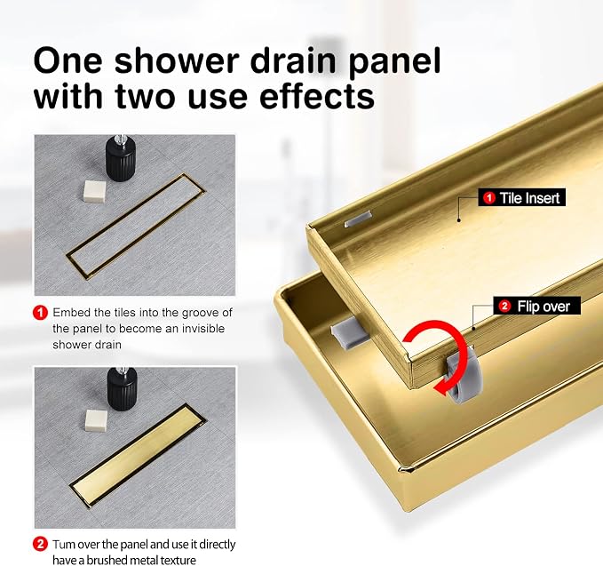 SaniteModar Linear Shower Drain 12 inch Brushed Gold with Tile Insert Panel | AISI 304 Stainless Steel Brushed Gold Linear Dain Rectangle Shower Floor Drain with Hair Strainer and Leveling Feet