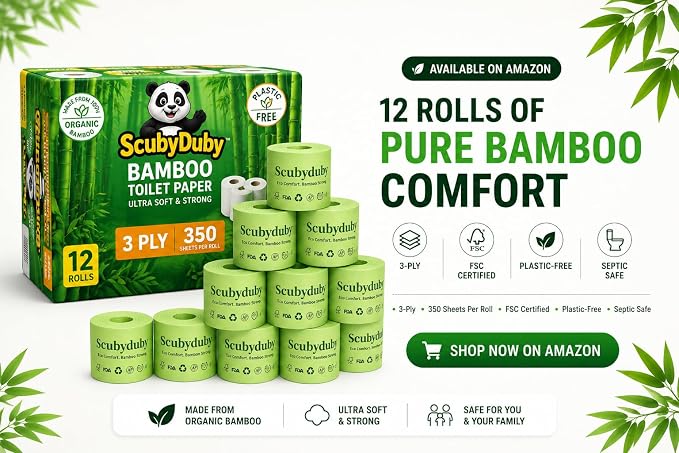 Premium & Soft Bamboo Toilet Paper | PFAS Free | 12 Mega Rolls, 3 ply & 350 Sheets | Non Toxic, Septic Safe, BPA Free | Tree Free Toilet Tissue | Plastic Free Packaging