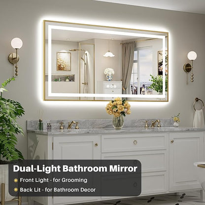 68x36 Inch LED Bathroom Mirror with Gold Frame, Backlit & Front Lit, Anti-Fog Lighted Bathroom Vanity Mirror for Wall, Memory Function, Dimmable, HD Tempered Glass, Shatter-Proof
