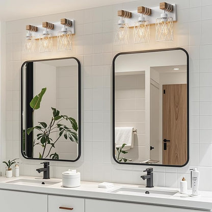 IZORRO Farmhouse Bathroom Vanity Light, 3-Light Wood Bathroom Light Fixtures Over Mirror, Matte White Industrial Vanity Lights with Metal Shade, Rustic Restroom Lighting Fixtures