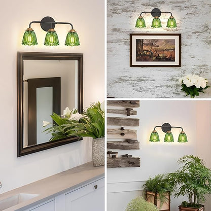Vintage 3 Light Vanity Light, Black and Gold Bathroom Vanity Light, Bathroom Light Fixtures with Green Glass Shade, Antique Vanity Light Fixtures Over Mirror, Wall Sconce for Bedroom, Living Room