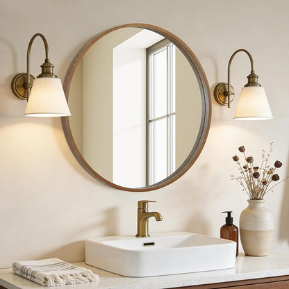 Circle Mirror with Wood Frame, 28" Round Modern Decoration Large Home Decor Mirror for Bathroom Living Room Bedroom Entryway (28" Diameter, Walnut)