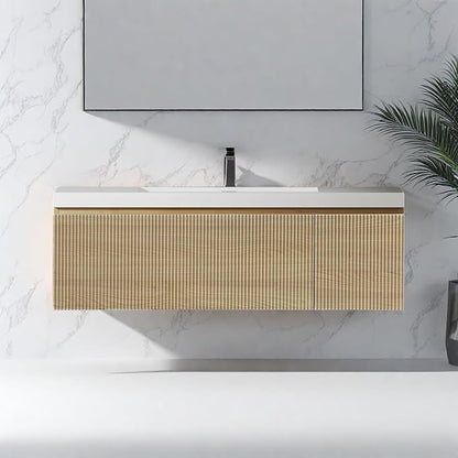 Wall Mounted Bathroom Sink Vanity, Modern 48" Floating Vanity with Resin Basin, U-Shaped Soft-Close Storage Drawer & Side Door, Striped Bathroom Storage Cabinet with Invisible Handle, Wood