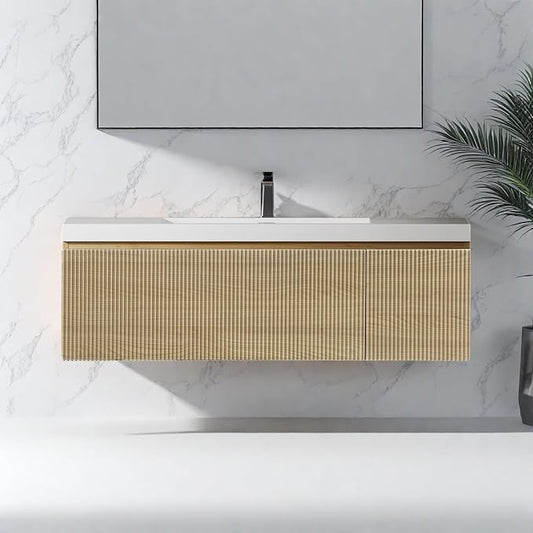 Wall Mounted Bathroom Sink Vanity, Modern 48" Floating Vanity with Resin Basin, U-Shaped Soft-Close Storage Drawer & Side Door, Striped Bathroom Storage Cabinet with Invisible Handle, Wood