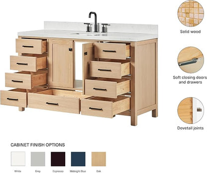 ARIEL Cambridge 60-inch Bathroom Vanity with Sink,Solid Wood, 1.5-inch Carrara White Quartz Countertop, Single Rectangular Porcelain Sink, 2 Soft Closing Doors, 9 Dovetail Drawers, White Oak
