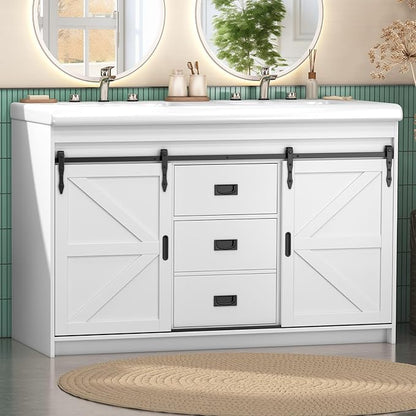 48 Inch Bathroom Vanity with Doulble Sink, Bathroom Vanity Cabinet with 2 Sinks, White Bath Vanities with 2 Sliding Doors (20" D x 48" W x 36" H)