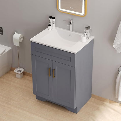 24 Inch Bathroom Vanity with Sink, Bathroom Storage Vanity Cabinet for Small Space, Bathroom Vanity with 2 Doors and 1 Drawer, Modern Freestanding Vanity Sink (Grey)
