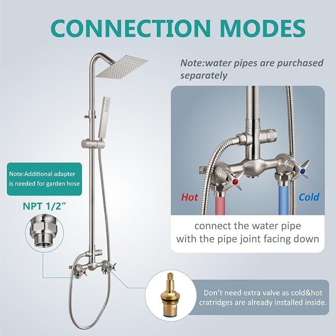 Aolemi Outdoor Shower Kit with Handheld,Square Rain Shower,Brushed Nickel | 2-Handle Hot and Cold Control, Adjustable Height, 6-Inch Center Valve, 59-Inch Hose, Winter Drainage Outdoor Shower Fixtures
