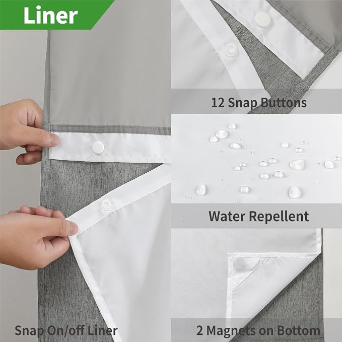 eachope No Hook Linen Texture Shower Curtain with Snap-in Liner,71x86 Grey | Extra Long,230GSM Thick Fabric,Hotel Luxury Decor,Mesh Top Window,Bottom Magnetic,Waterproof & Machine Washable,for Bathroom