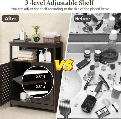 COSTWAY Bathroom Storage Cabinet, Wooden Side Storage Organizer with Louver Doors & Removable Shelf, Freestanding Floor Cabinet for Living Room, Kitchen, Entryway (Brown)
