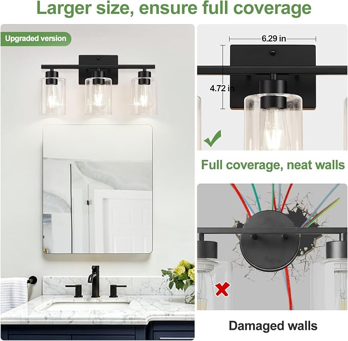 3-Light Bathroom Light Fixtures, Modern Black Vanity Light with Clear Glass Shades for Bathroom Vanity Lighting