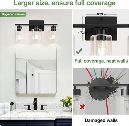 3-Light Bathroom Light Fixtures, Modern Black Vanity Light with Clear Glass Shades for Bathroom Vanity Lighting
